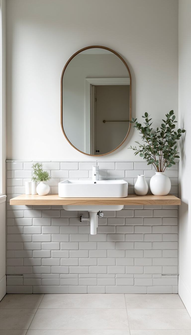 Bathroom wall with soft grey subway tiles, centered oval mirror, matte white faucet, and floating bleached oak shelf holding white vessels and eucalyptus.