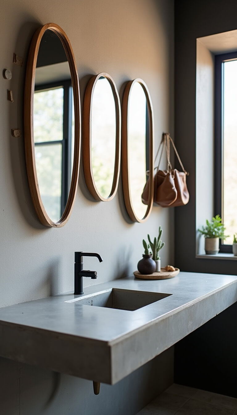 Modern bathroom vanity with concrete-look sink, black wall-mounted faucet, asymmetrical geometric mirrors, and leather-brass storage pouches in natural morning light.