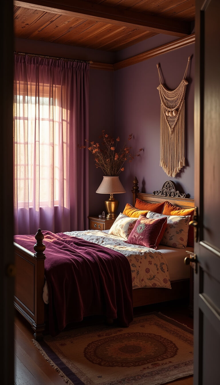 Golden hour light filters through sheer purple curtains into a 14x16ft bedroom, revealing a carved wooden canopy bed with celestial fabric, velvet throws in plum and burnt orange, crystal clusters on vintage brass side tables, and a macramé moon phase wall hanging.
