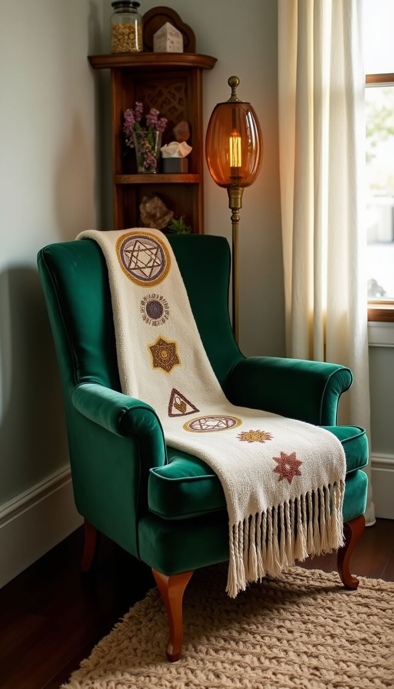 Vintage forest green velvet reading chair with mystical throw in cozy corner nook, softly lit by early morning light; brass floor lamp with amber shade behind, wooden shelf displaying crystals and dried herbs, jute rug over dark hardwood floor.