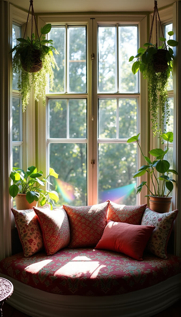 Window seat in bay window with embroidered jewel-toned cushions, hanging plants in macramé holders, crystal prisms casting rainbows, and a Moroccan metalwork side table in soft afternoon light.