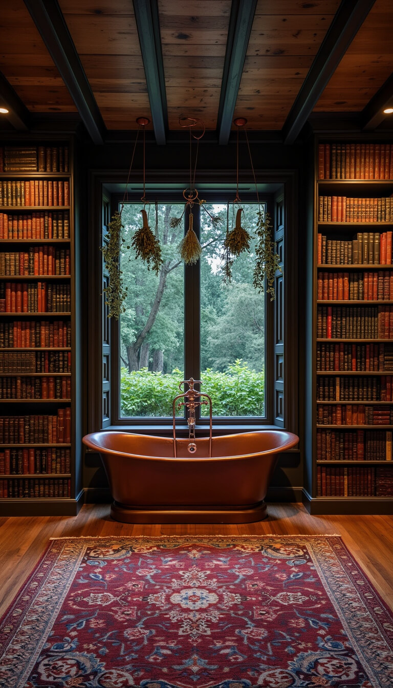 Moody master bedroom at dusk with floor-to-ceiling bookshelves, copper bathtub by eucalyptus-draped window, and vintage Persian rug.
