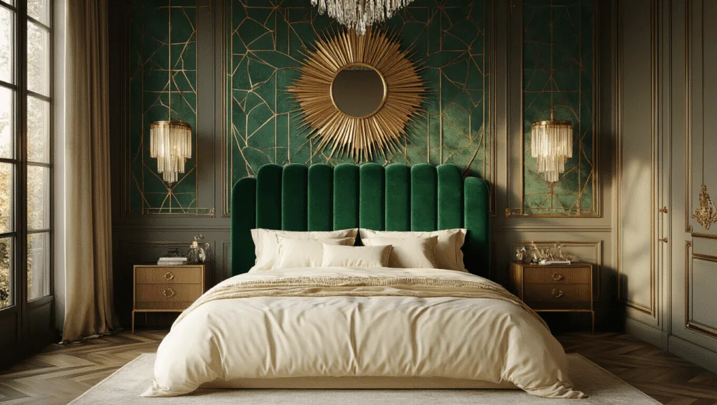 "Luxurious Art Deco bedroom with emerald velvet headboard, geometric wallpaper, brass sunburst mirror, crystal chandelier, ivory silk bedding, herringbone flooring, and warm golden hour lighting"