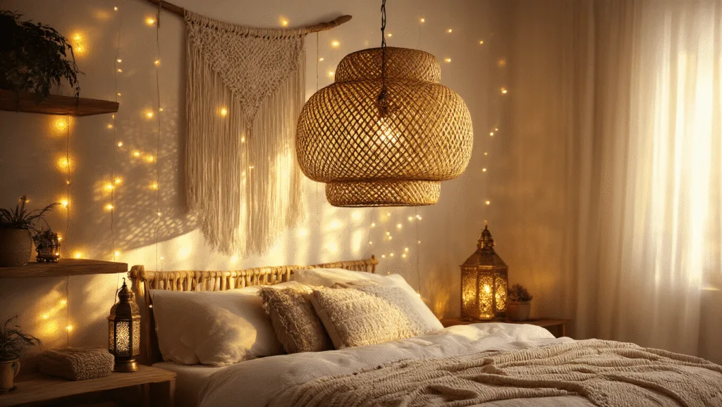 "Boho bedroom with rattan pendant lamp, fairy lights, Moroccan lanterns, and warm amber glow"