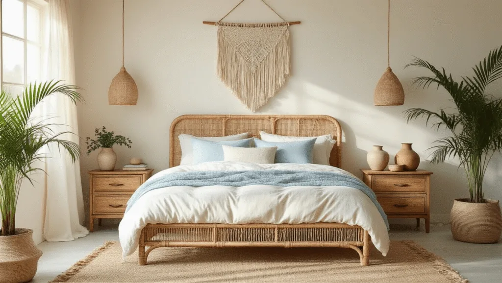 "Bohemian sunlit bedroom with rattan bed, macrame wall decor, linen bedding and vintage furnishings in muted earth tones"
