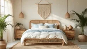"Bohemian sunlit bedroom with rattan bed, macrame wall decor, linen bedding and vintage furnishings in muted earth tones"