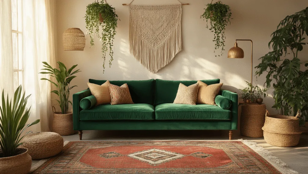 "Bohemian style living room bathed in golden light, featuring an emerald green velvet sofa, Moroccan rugs, macramé wall hangings, brass lamps and green plants."
