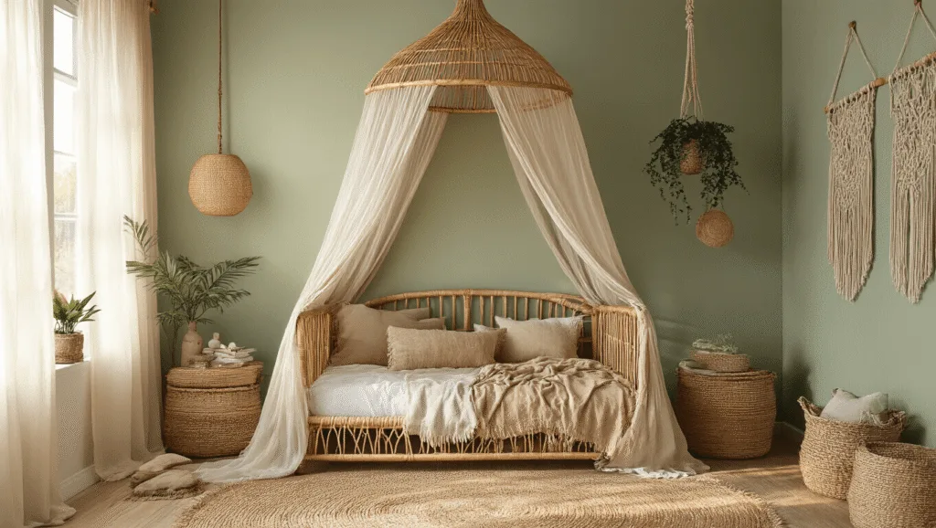 "Kid's boho-themed bedroom with rattan canopy bed, earth-toned textiles, macramé hangings, woven baskets, sunlight through curtains on sage walls, vintage brass accents, hanging plants, and bamboo flooring."