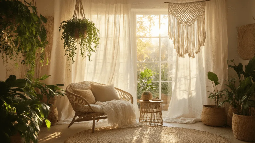 "Boho living room with macrame curtains, natural textures, hanging plants, vintage accents, and warm earthy tones bathed in golden hour sunlight"