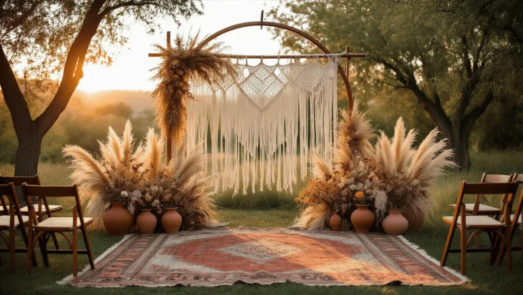"Boho wedding setup with macramé backdrop, pampas grass, vintage rugs, terracotta urns, and sunset lighting"