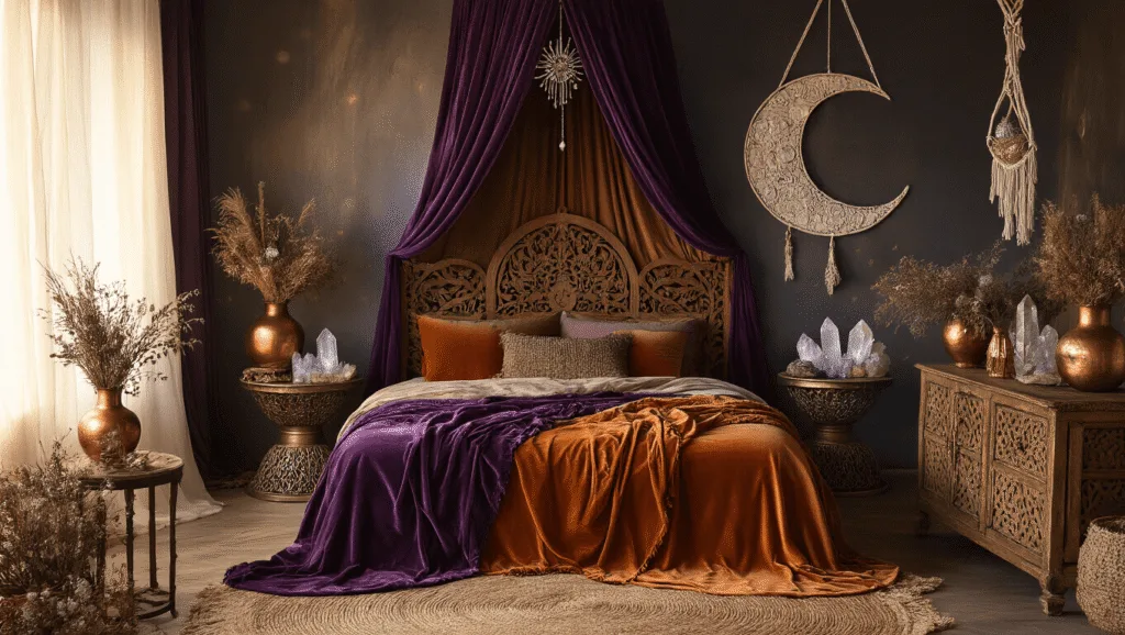 "Bohemian style bedroom with wooden canopy bed, velvet throws, crystal clusters on vintage brass side tables, macramé moon phase wall décor, dried herbs and flowers in copper vases, and sheer curtains creating a golden mystical light ambiance."