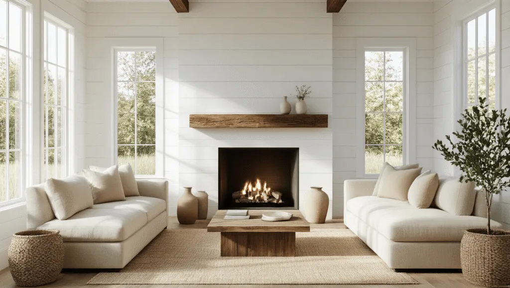"Minimalist modern farmhouse living room with white shiplap fireplace, reclaimed wood mantle, and natural sunlight streaming through tall windows"