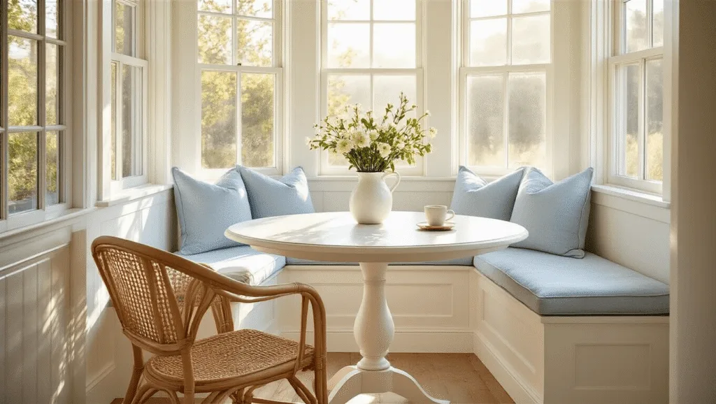 "Sunlit breakfast nook with white bench, blue cushions, rattan chairs, round table, and fresh flowers in a coastal setting"