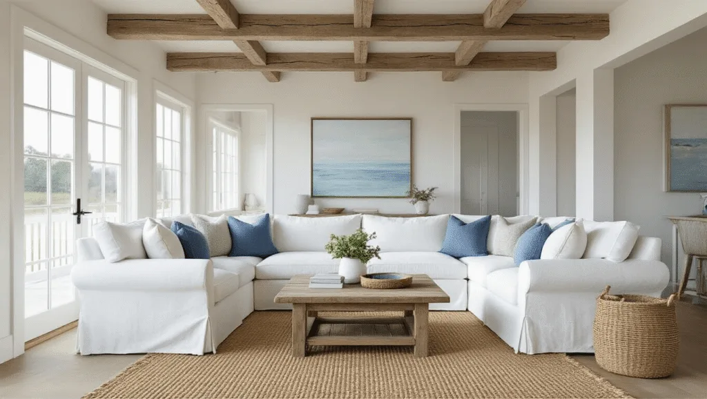 "Bright coastal farmhouse living room with white slipcovered sofa, driftwood coffee table, exposed beams, and natural light"