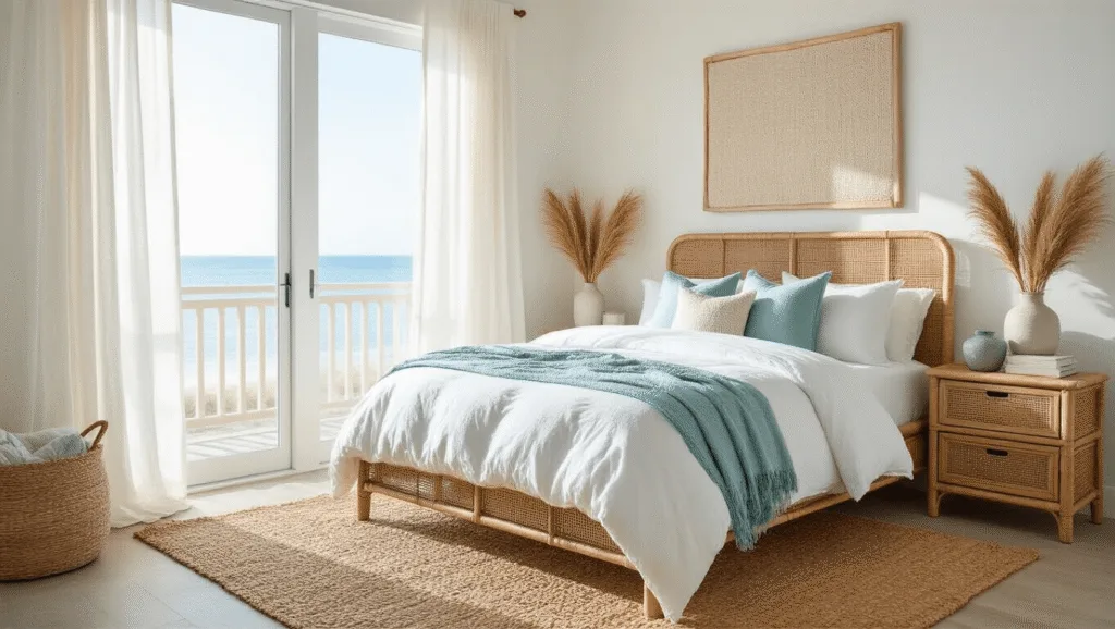 "Coastal bedroom with a king-sized bed, seafoam blue accents, rattan furniture, and coastal decor in soft morning light."