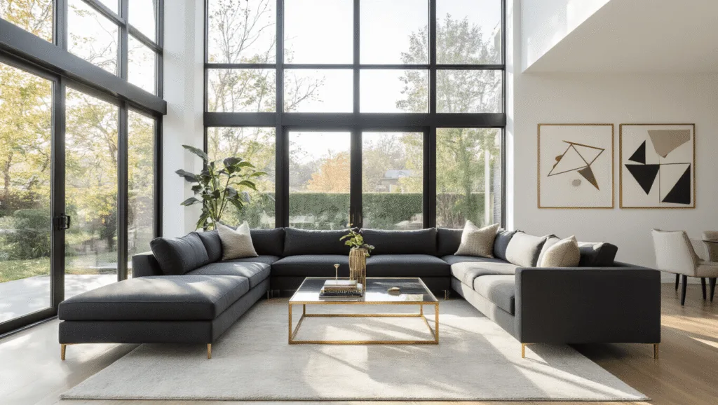 "Contemporary living room with charcoal sectional, brass accents, floor-to-ceiling windows, geometric art, and clean lines during golden hour"