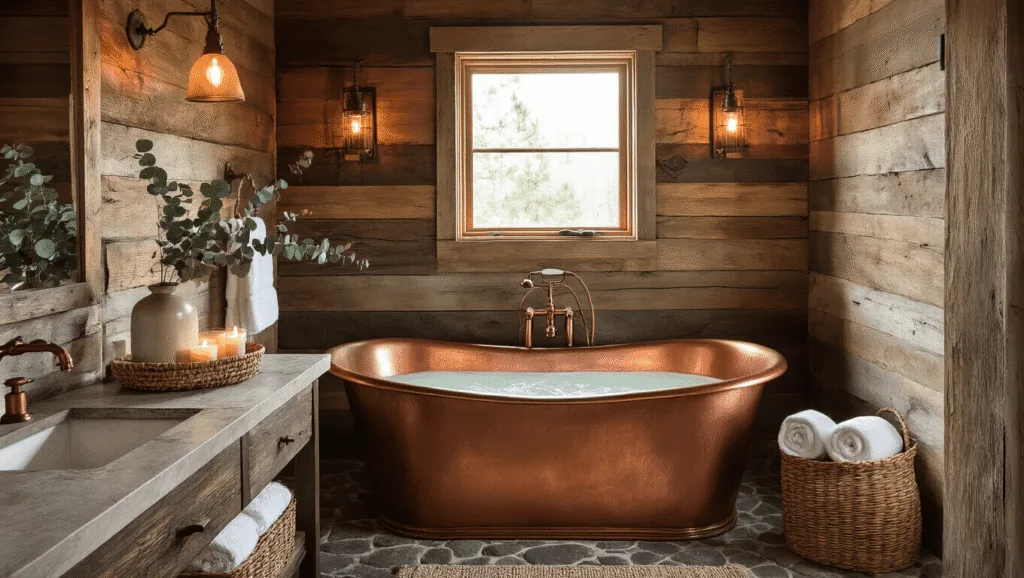 "Rustic modern cabin bathroom with copper tub, wood and stone accents during golden hour"