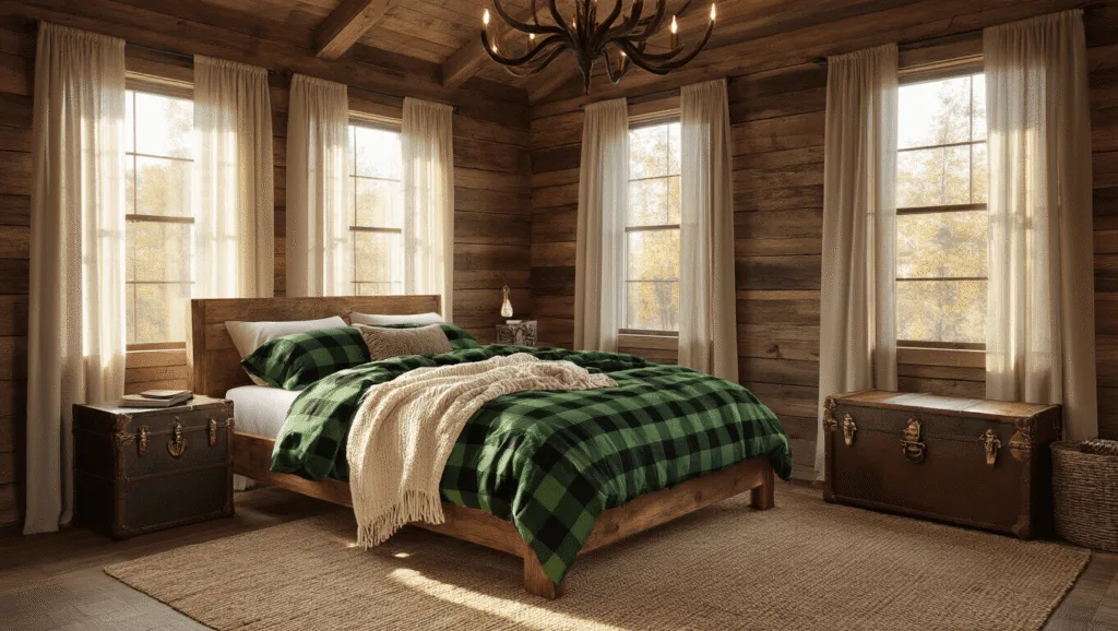 "Cozy rustic bedroom with a wood bed, buffalo plaid textiles, warm lighting, antler chandelier, and vintage trunk nightstands."