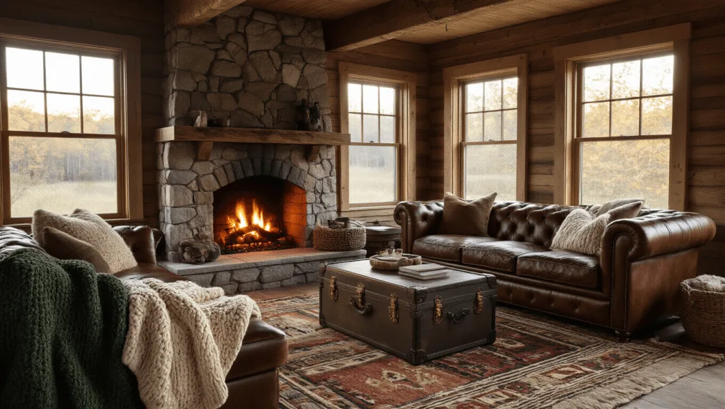"Rustic cabin living room with brown leather sofa, stone fireplace, wooden beams, tribal rugs, and golden hour light through windows"