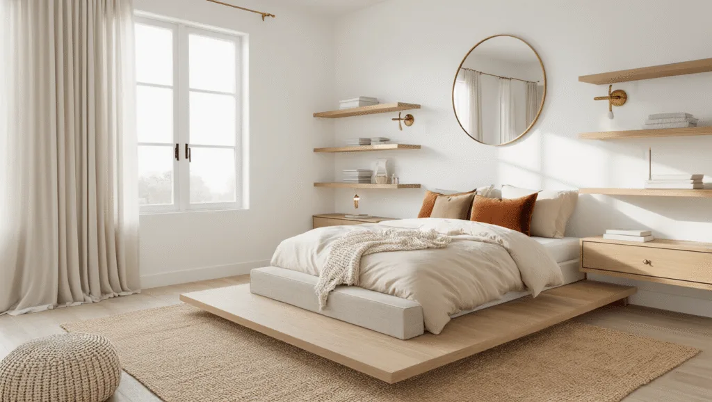 "Minimalist bedroom with neutral tones, oak floating shelves, natural light, and a mix of textures."
