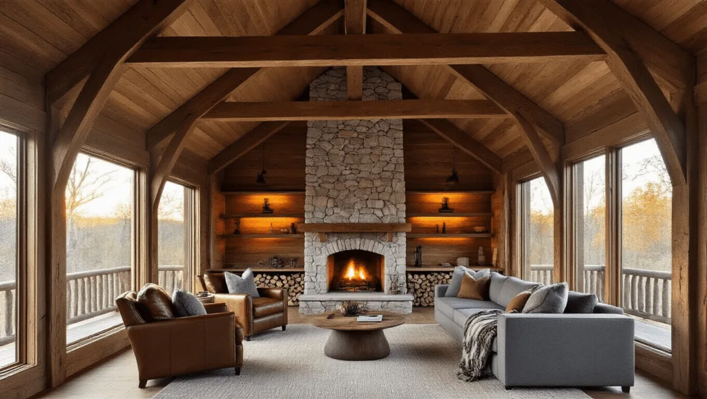 "Cozy rustic cabin interior with vaulted ceilings, exposed wooden beams, stone fireplace, leather furniture, and natural light."