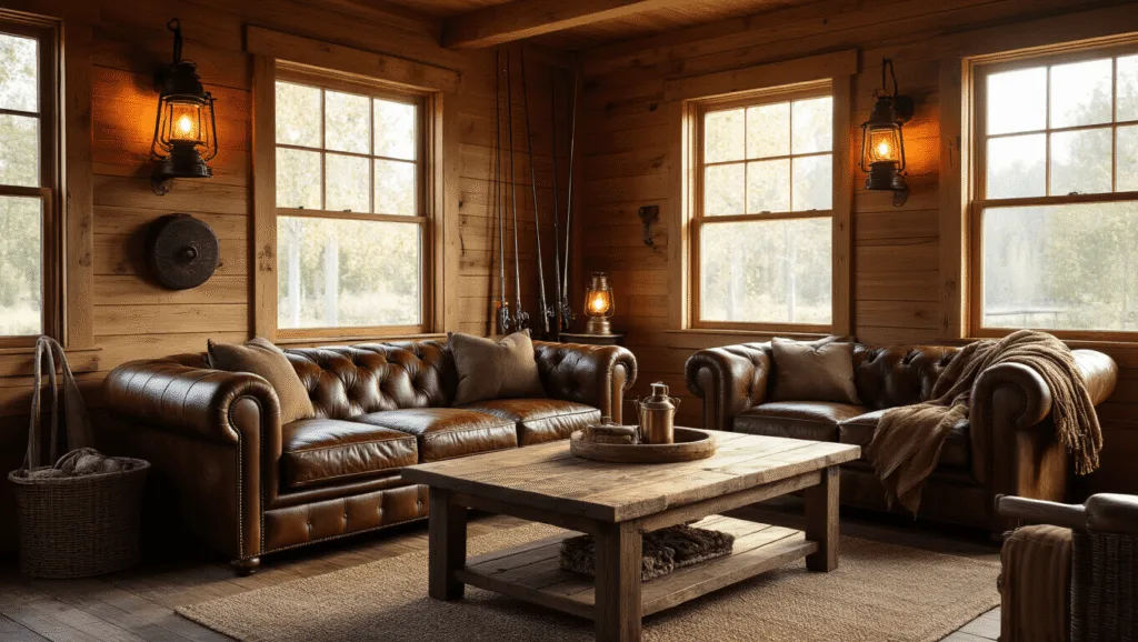 "Sunlit fishing cabin interior with distressed leather sofa, vintage rods, brass lanterns, and rustic wood accents during golden hour"