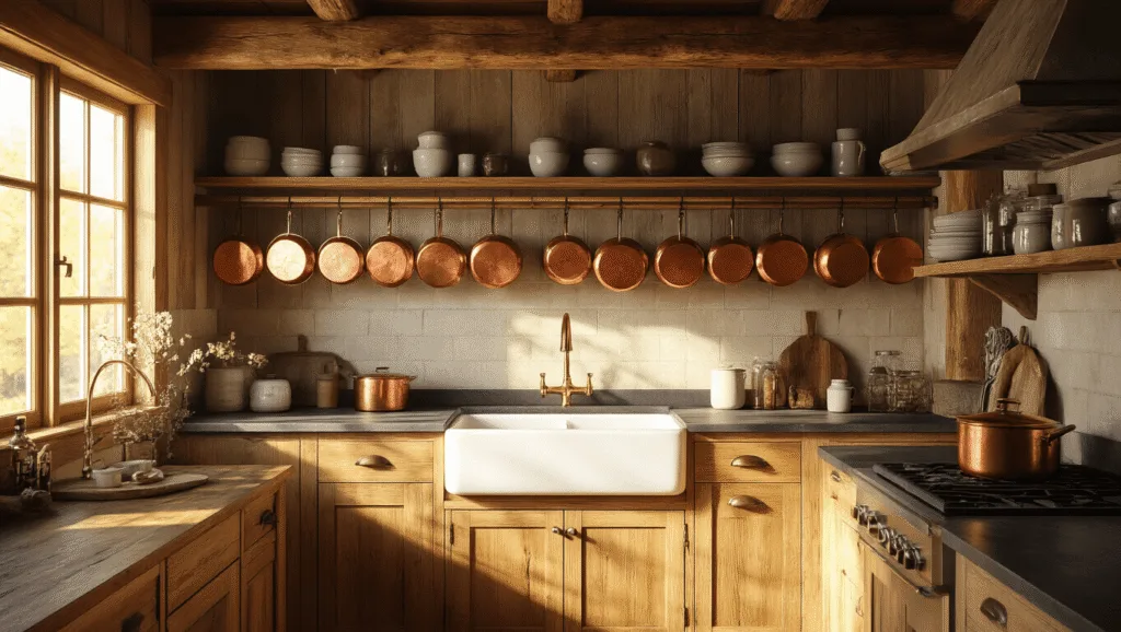 "Rustic cabin kitchen with knotty pine cabinets, antique copper pots, soapstone counters and vintage ceramics bathed in warm sunlight"