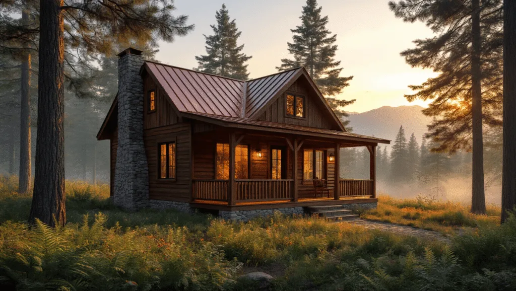 "Rustic cedar cabin with wraparound porch in pine forest at sunset, featuring natural wood siding, stone foundation, and copper-accented metal roof"