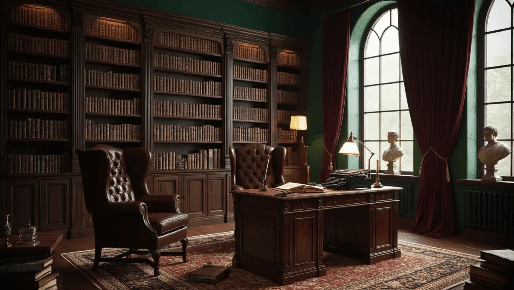 "Victorian style dark academia library with antique furniture, mahogany bookshelves, vintage typewriter, and brass lamp under dim golden light."