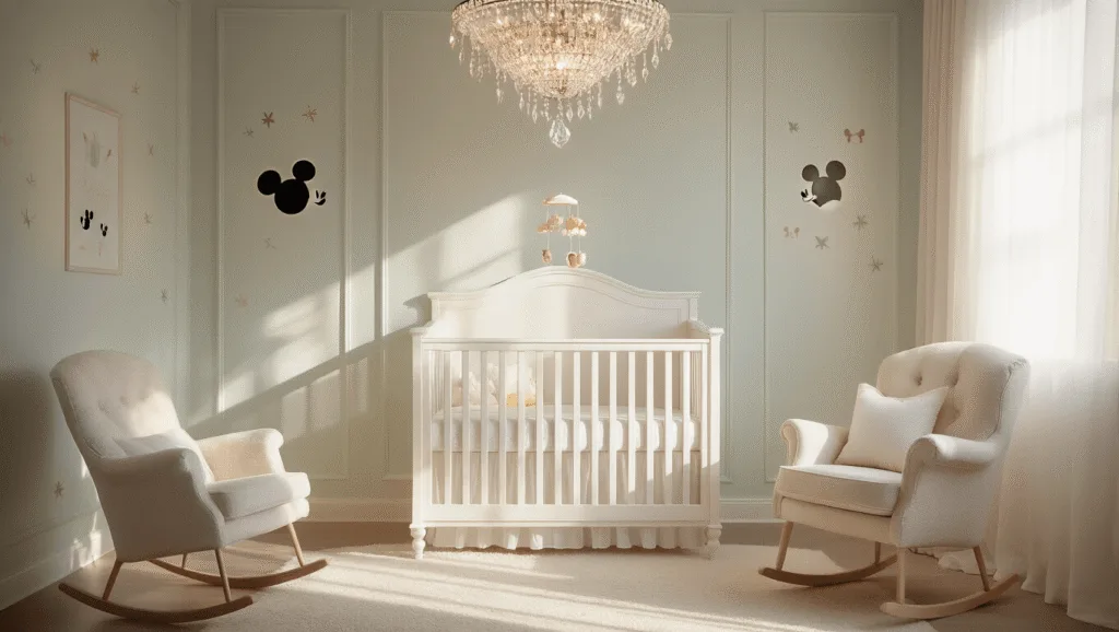 "Cozy Disney-themed nursery with pastel walls, Mickey Mouse accents, a white crib, chandelier, and rocking chair in soft afternoon light"