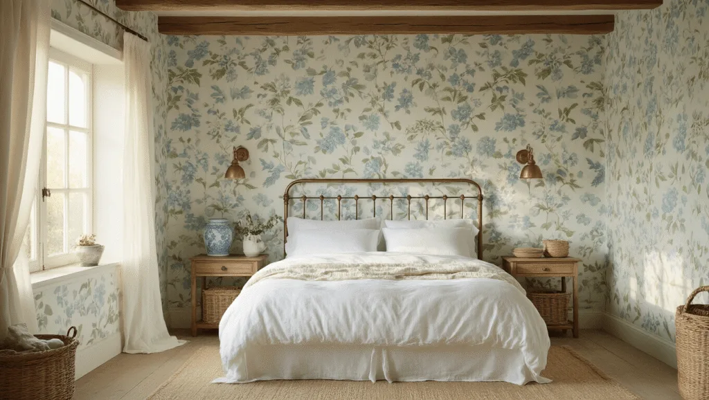 "Cottage bedroom with vintage floral wallpaper, iron-frame bed with white linins, and sunlight filtered through gauzy curtains"