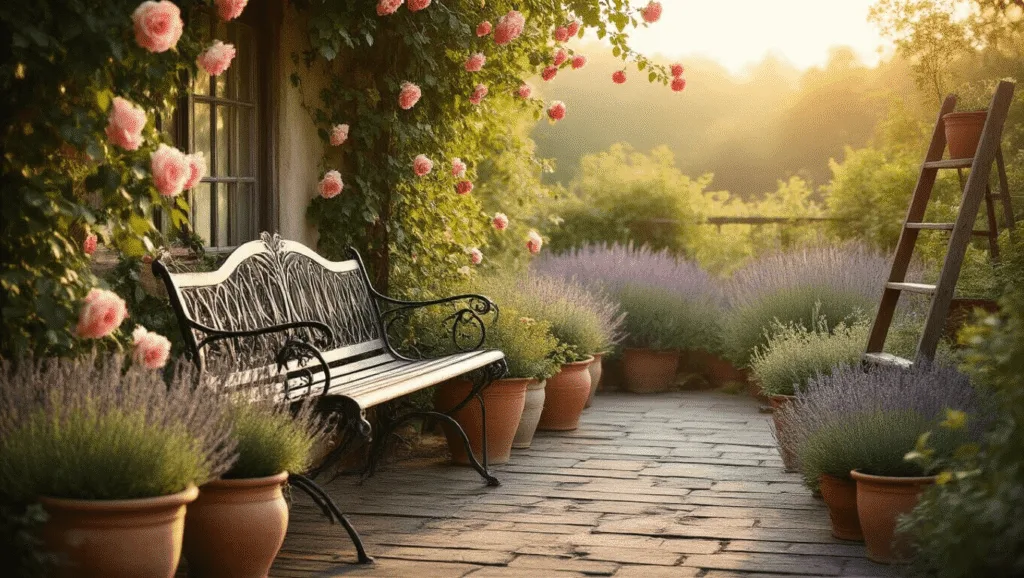 "Vintage garden at sunset with climbing roses, wrought iron bench, terracotta pots with lavender and sage, rustic ladder and vintage enamelware planters on a weathered wooden patio"