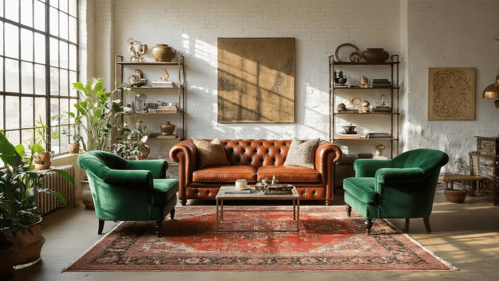 "Sunlit eclectic living room with leather Chesterfield sofa, velvet armchairs, Persian rug, industrial shelves with global decor, and warm natural light."