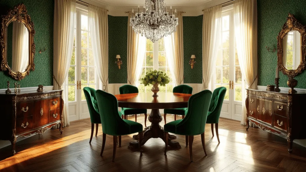 "Elegant antique dining room with mahogany table, emerald velvet chairs, crystal chandelier, and warm sunlight highlighting herringbone hardwood floor"