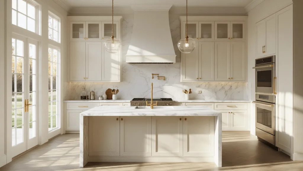 "Luxurious kitchen with cream cabinets, marble island, brass accents and morning light through tall windows"