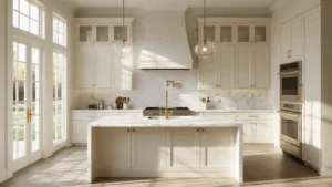 "Luxurious kitchen with cream cabinets, marble island, brass accents and morning light through tall windows"