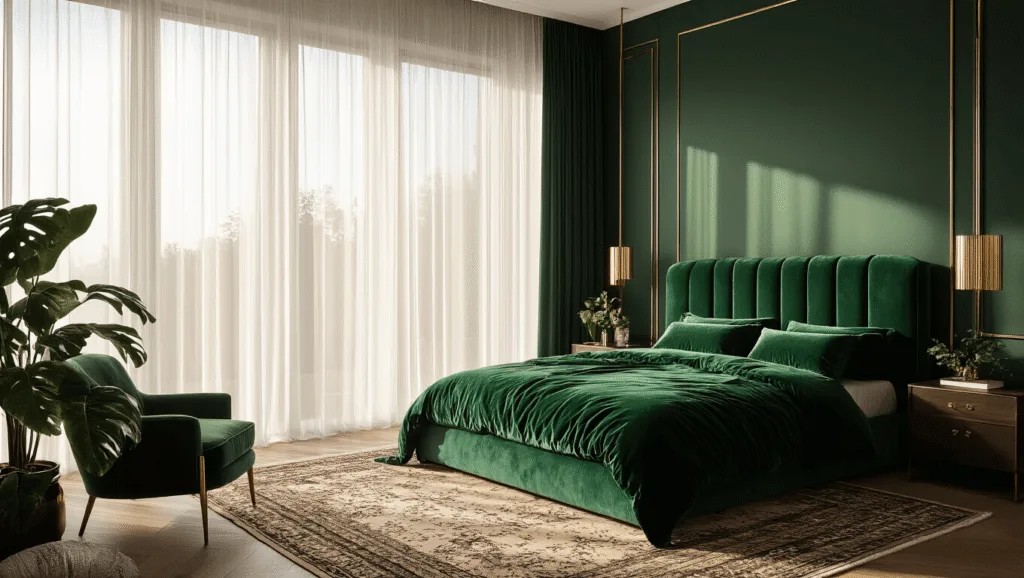 "Luxurious dark green bedroom with emerald velvet bed, brass accents and sheer curtains filtering natural light, set against a warm, atmospheric backdrop featuring a Persian rug, monstera plant, and golden hour ambiance"