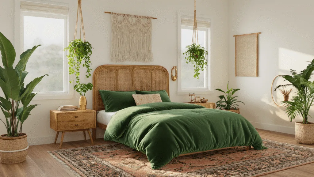 "Bohemian style green bedroom with sage emerald velvet bed, rattan headboard, macrame hanging plants, Persian rug, brass accents, and textured decor in natural golden hour light."