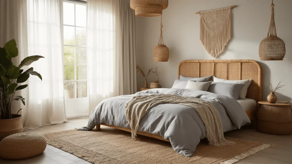 "Boho-style bedroom with dove grey linen bedding, vintage Moroccan and jute rugs, macramé wall hangings and brass accents lit by morning sunlight"