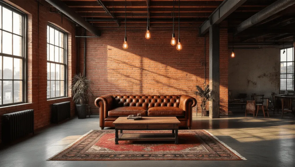 "Industrial loft living room with exposed red brick walls, leather sofa, Edison bulb lights, reclaimed wood table, Persian rug, and golden sunlight streaming through large windows"