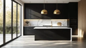 "Modern black kitchen with white marble countertops, brass accents, and natural sunlight"