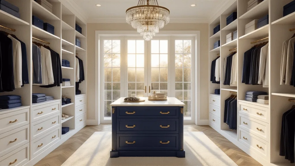 "Elegant walk-in closet at golden hour with navy blue center island, custom white shelving, a crystal chandelier, and white oak herringbone floors"