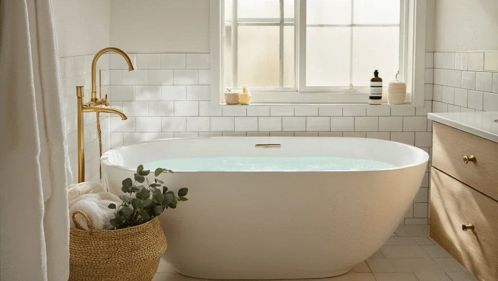 "Small luxurious bathroom with white subway tiles, freestanding tub, brass fixtures, and natural light filtering through a frosted window"