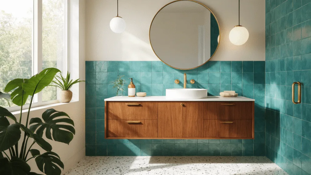 "Sunlit mid-century modern bathroom with a walnut vanity, brass fixtures, terrazzo flooring, and teal geometric tile accent wall."