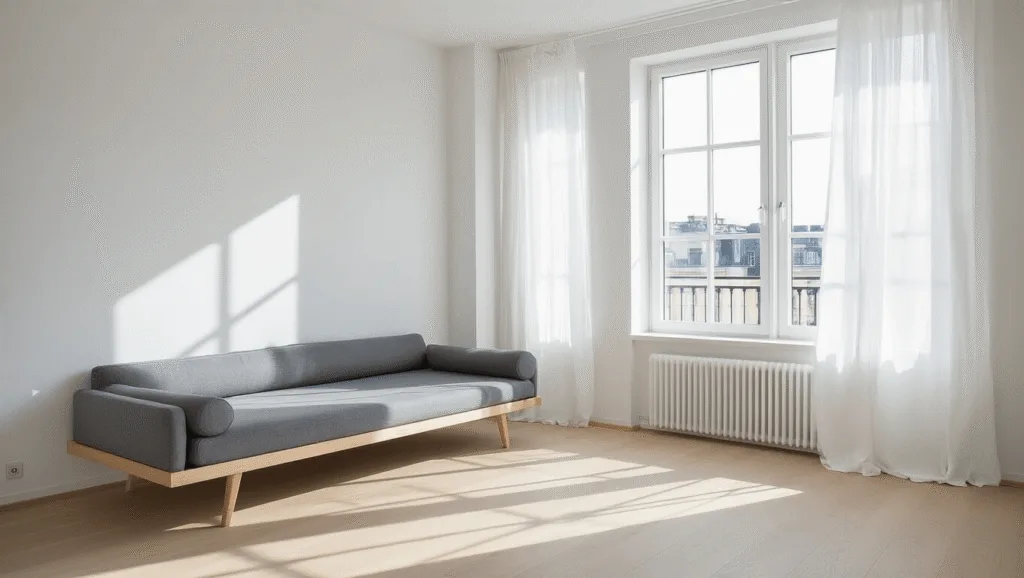 "Bright minimalist studio apartment with white walls, light oak floors, and gray daybed near tall windows with morning sunlight"