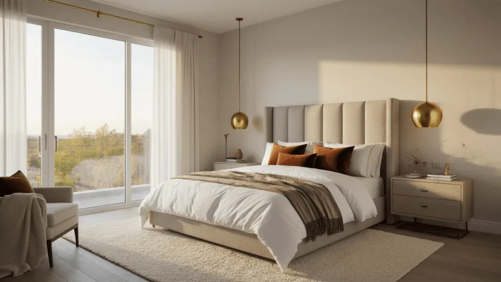 "Modern, sophisticated bedroom with neutral color palette, textured accents, and ambient lighting"