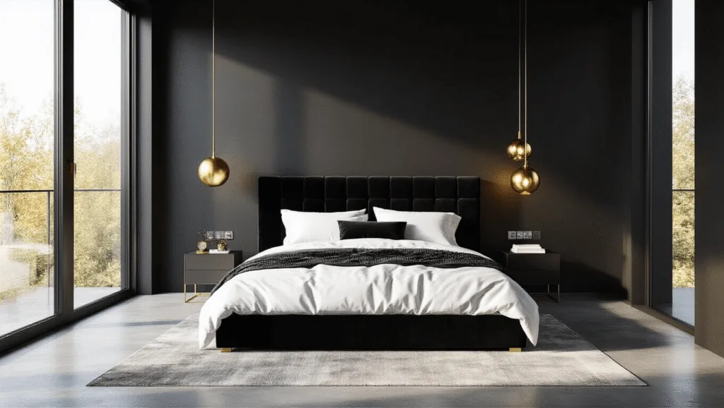 "Modern black bedroom with velvet headboard, brass accents, and morning light pouring through large windows"