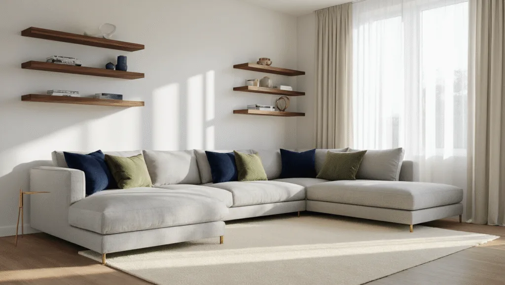 "Modern minimalist living room with gray sectional, brass accents, walnut shelves, and high ceilings bathed in natural sunlight"