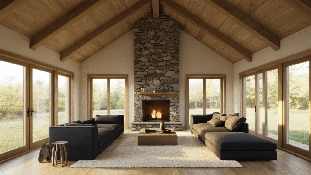 "Sunlit modern cabin interior featuring a warm living room with vaulted ceiling, stone fireplace, natural wood beams, charcoal sectional, cream rug, and floor-to-ceiling windows during golden hour."