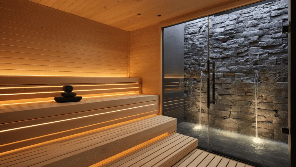 "Modern cedar sauna interior with tiered benches, glass door, stone waterfall and ambient LED lighting"